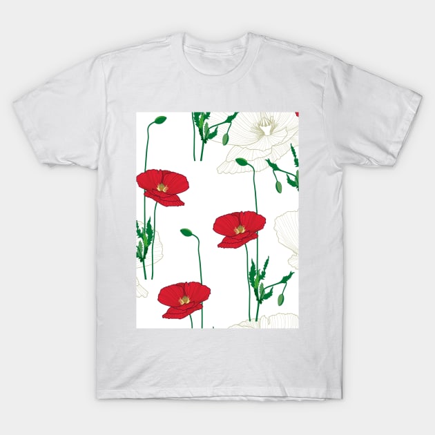 Poppy flowers/wild flowers/white lines poppy/red background/poppy/large scale/summer time/cotton/white flowers T-Shirt by DropRomance